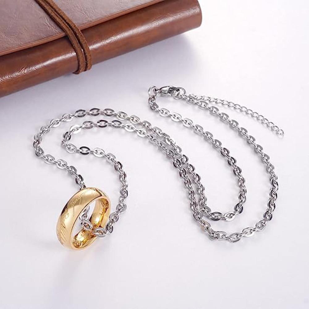 Гравированная позолоченная нержавеющая сталь Кольцо Подвеска Ожерелье | Гипоаллергенная Унисекс Регулируемая Цепь Подарок для Пары Ювелирные Изделия