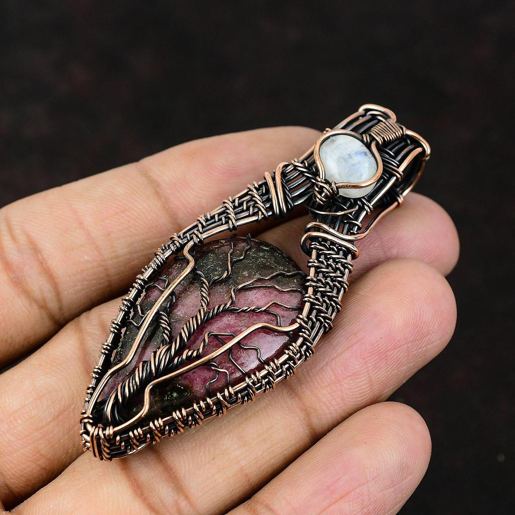 Дерево жизни родонит медный кулон драгоценный камень проволочная обертка кулон радуга лунный камень ювелирные изделия ручной работы кулон дизайнерские ювелирные изделия подарок для нее