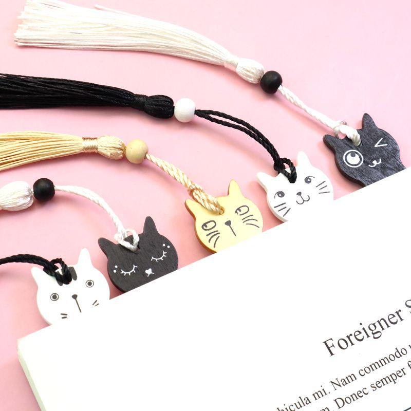 2 шт. деревянные закладки с мультяшным котом и кисточками Kawaii деревянные закладки для студентов, учителей, канцелярские принадлежности, маркер для книг