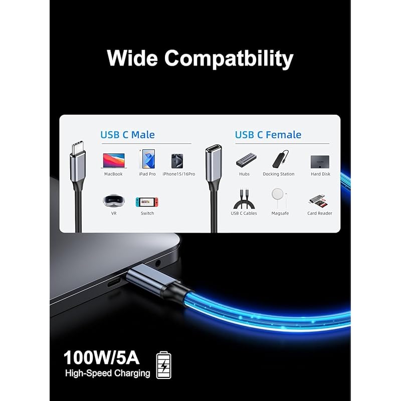 [2025 New Version USB Type-C Extension Cable] C 3.2 Extension Cable PD100W Fast Charging 10Gbps Data Transfer 4K@60Hz Compatible Type C USB-C