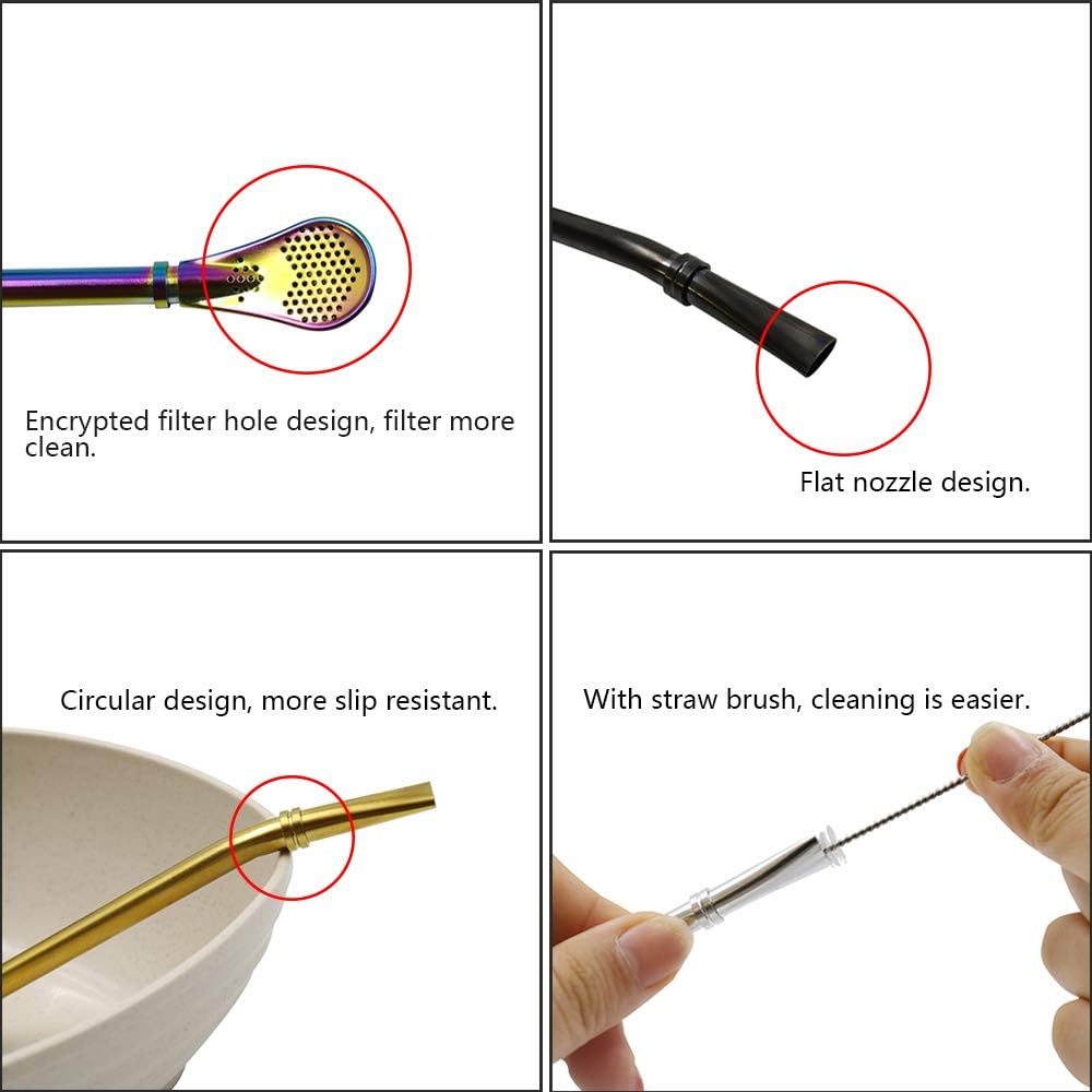 Stainless Steel Straw Filter Spoon, Yerba Mate Bombilla, Loose Leaf Tea Strainer, Tea Straw for Drinking Coffee, Cocktail, Pack of 5 with Cleaning
