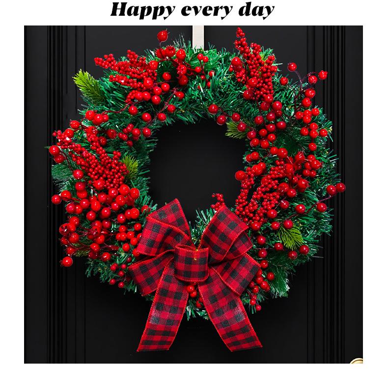 Cross-border Red & Black Plaid Christmas Wreath with Bow & Artificial Berries - Country Style Door Decor