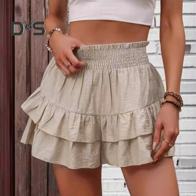 Женские шорты с высокой талией, многослойные оборки, широкие повседневные юбки, шорты, однотонные, для работы, отдыха, пляжа