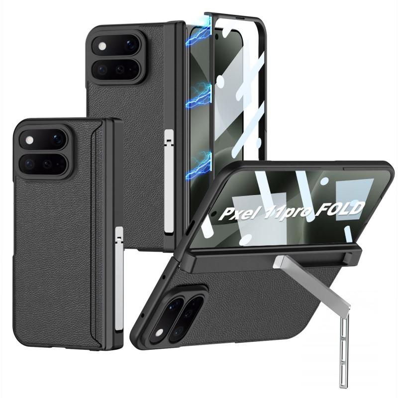 Magnetic Leather-Feel Phone Case With Side Kickstand Google Pixel 11 Pro Fold Shockproof PC Cover In Black Green Carbon