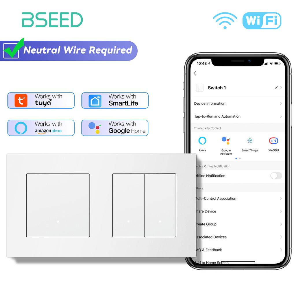 BSEED WIFI Click Switches Wall Smart Click Light Plastic Switches Yellow Backlight Plastic Frame EU Standard Tuya APP Switch
