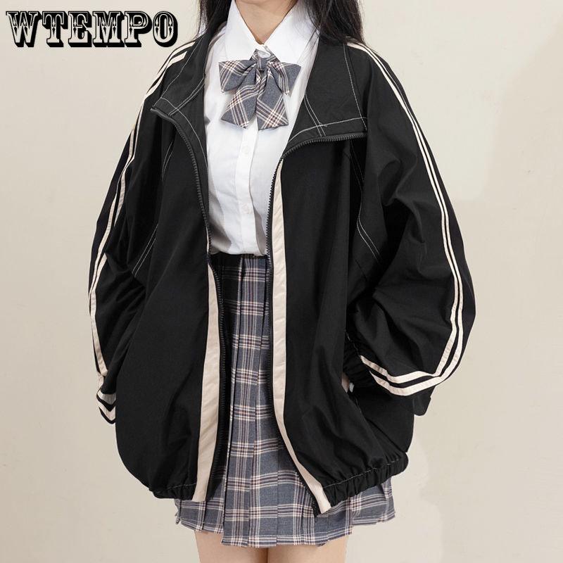 Jackets Women Striped Females BF Harajuku Stand Collar Zipper-pocket Leisure Streetwear Popular Wind-proof Outwears