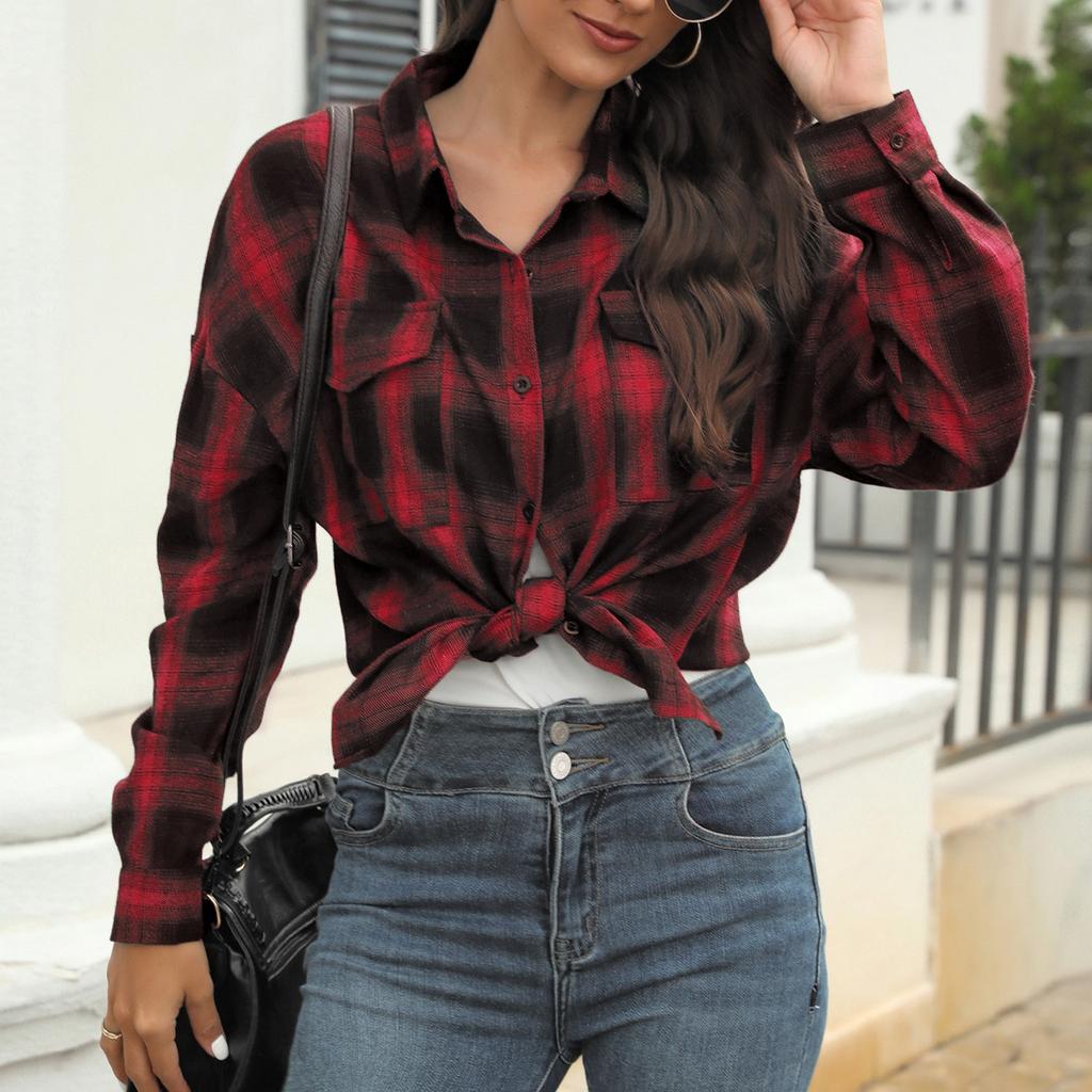 Женская повседневная рубашка на пуговицах, свободная рубашка с длинными рукавами и карманами