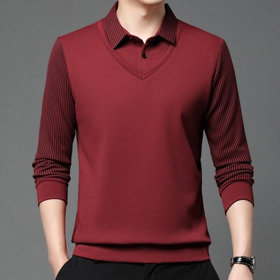 Мужская рубашка осень-весна с отложным воротником, имитация двухсекционного свитера в стиле пэчворк, большой размер, полосатая пуговица, формальный деловой стиль, мужской офисный топ