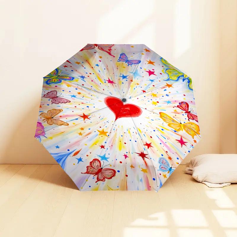 Colorful Butterfly Heart Auto Open Close Umbrella with Foldable Design,,Travelers,Daily Use,Festive Gift (8 Bones Iron Frame)1121071a