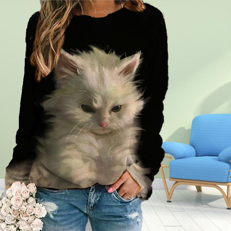 Fall Autumn Women'S Fashion O Neck Long Sleeve T-Shirt Loose Clothes Confused Cat Print T Shirt for Girls Street
