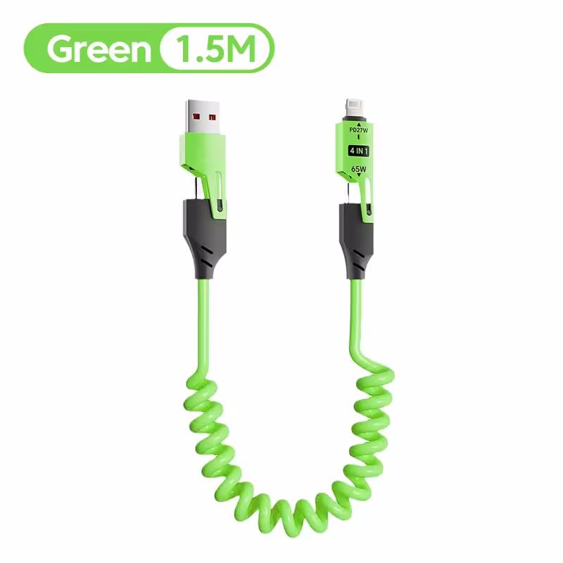 Кабель для быстрой зарядки 4-в-1 мощностью 65 Вт с разъемами USB Type-C и Lightning, телескопическая конструкция с пружиной