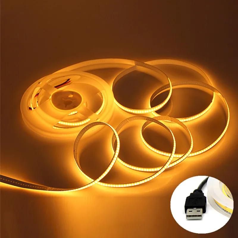 USB COB лента DC5V 320Leds/M Белый/Красный/Желтый Светильник для шкафа Подсветка телевизора Гибкая светодиодная лента для освещения Домашний декор Лампа