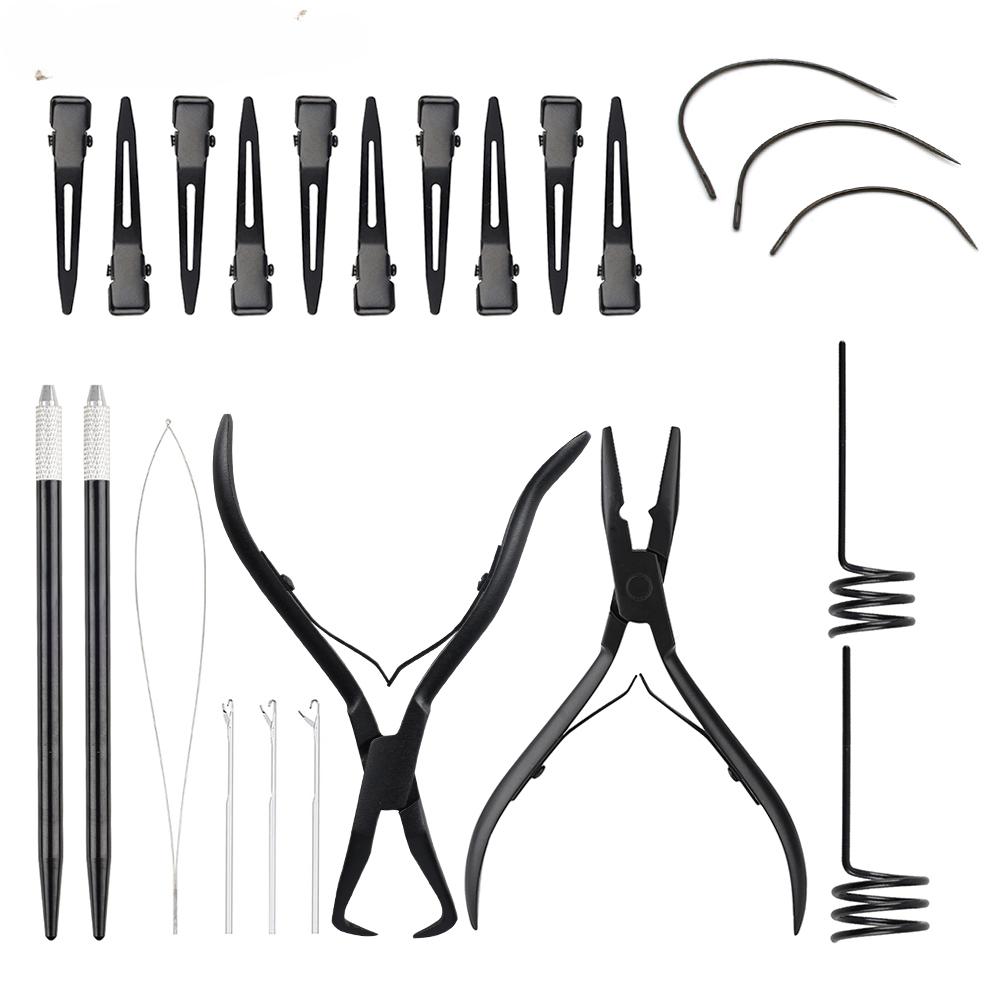 Hair Extension Tool Kit Stainless Steel Pliers MIcro Beads Remover Threader Looper Sectioning Clips Wefting Sewing Extensions