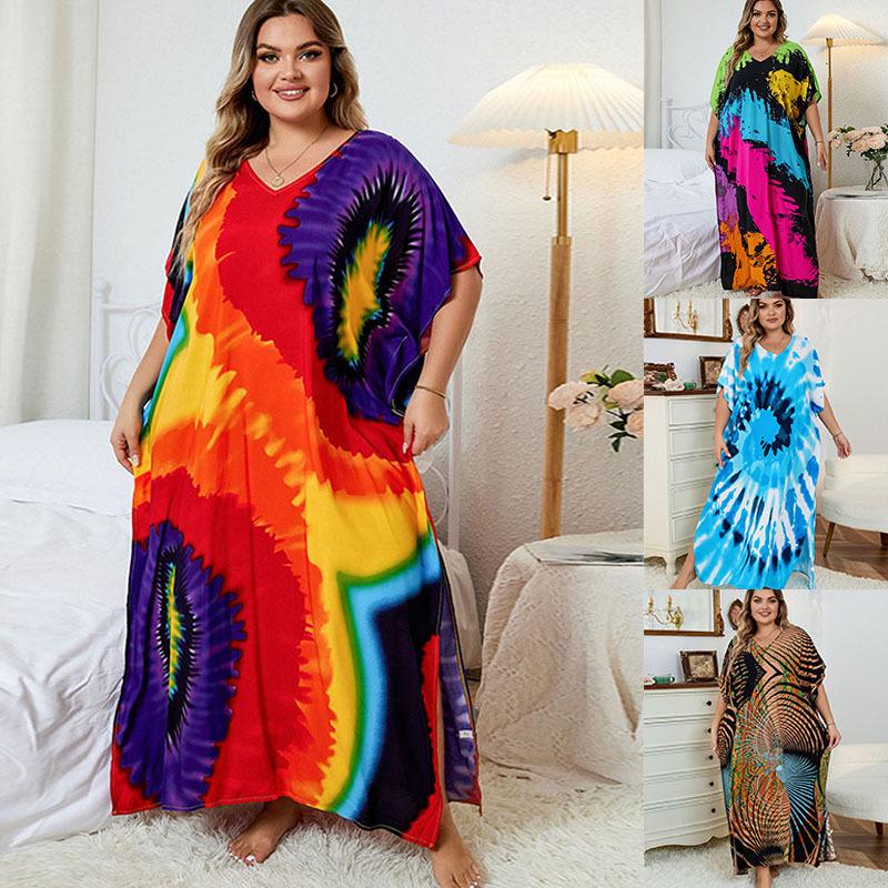 European-American Rayon Print Plus Size Beach Cover-Up Dress & Long Robe