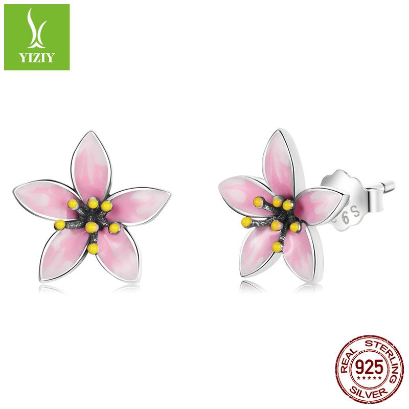 Pink Cherry Blossom S925 Silver Stud Earrings Women'S, Japanese Oil Drip Flower Earrings Earrings Sce1273