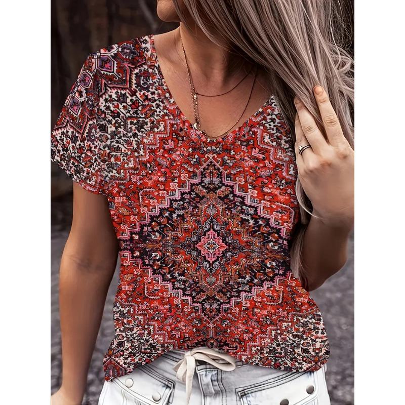 Модная женская футболка с V-образным вырезом, летняя уличная мода, топы с коротким рукавом, цветочные принты, свободная одежда больших размеров