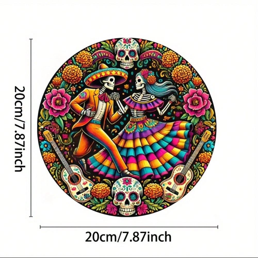 Mexican Folk Art Sugar Skull Iron Sign Vibrant Floral Skeleton Wall Decor