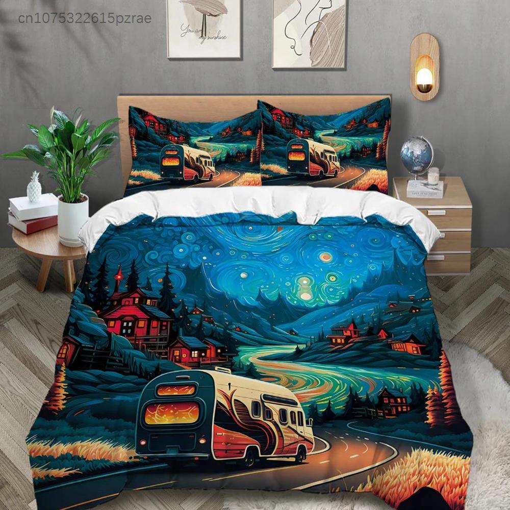 3-piece set, Camping Pattern Printed Duvet set, queen, king, Double bed, Party  Funny And Creative Bedding Set