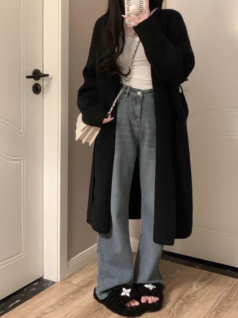 Осень-зима Новая мода V-образный вырез длинный рукав однотонный средней длины кардиган женская одежда свободные корейские трикотажные трендовые топы