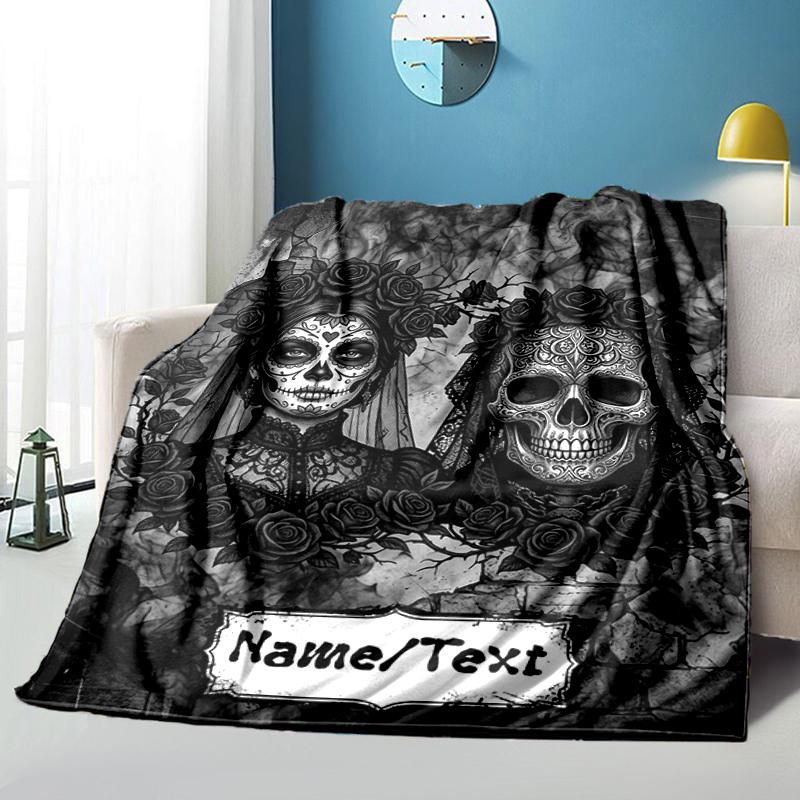 1PC Custom Name Day Dead Couple flannel blanket versatile,all-season throw suitable for the living room,bedroom,camping,travel,and gift
