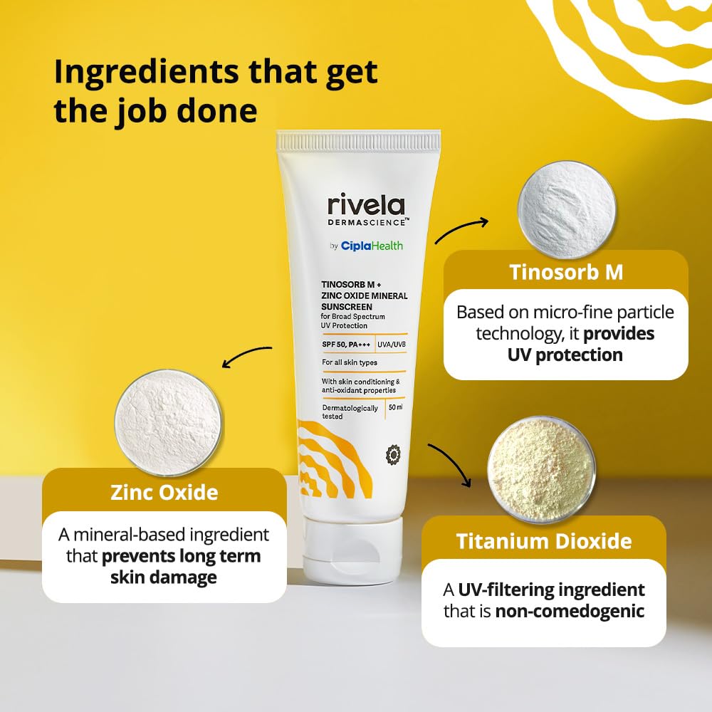 Rivela Dermascience от Cipla SPF 50, PA+++ Минеральный солнцезащитный лосьон с Tinosorb M, Без белых следов, Защита от UVA/UVB для нормальной и сухой кожи, 50