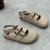 Johnature Genuine Leather Round Toe Sandals Retro Flat Solid Color Versatile Women's Shoes