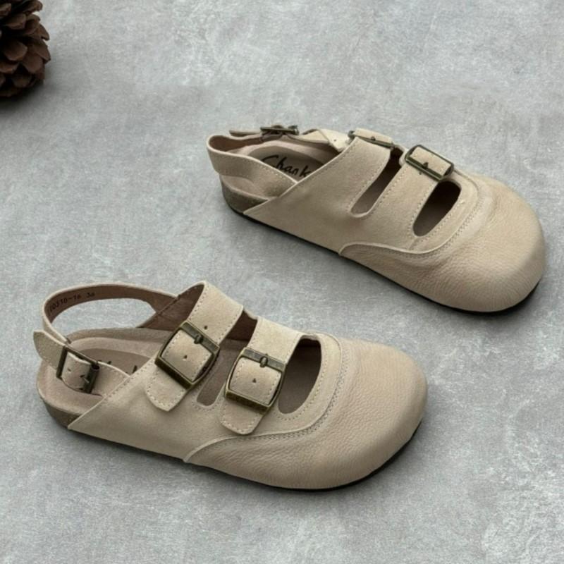 Johnature Genuine Leather Round Toe Sandals Retro Flat Solid Color Versatile Women's Shoes