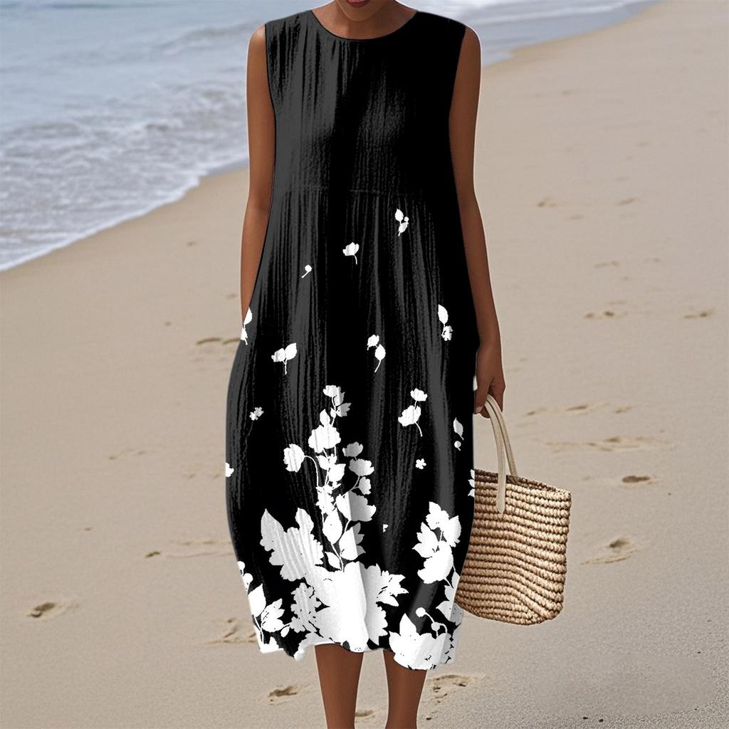 Women's Fashion Casual Sleeveless Round Neck Floral Print Elegant Temperament Dress