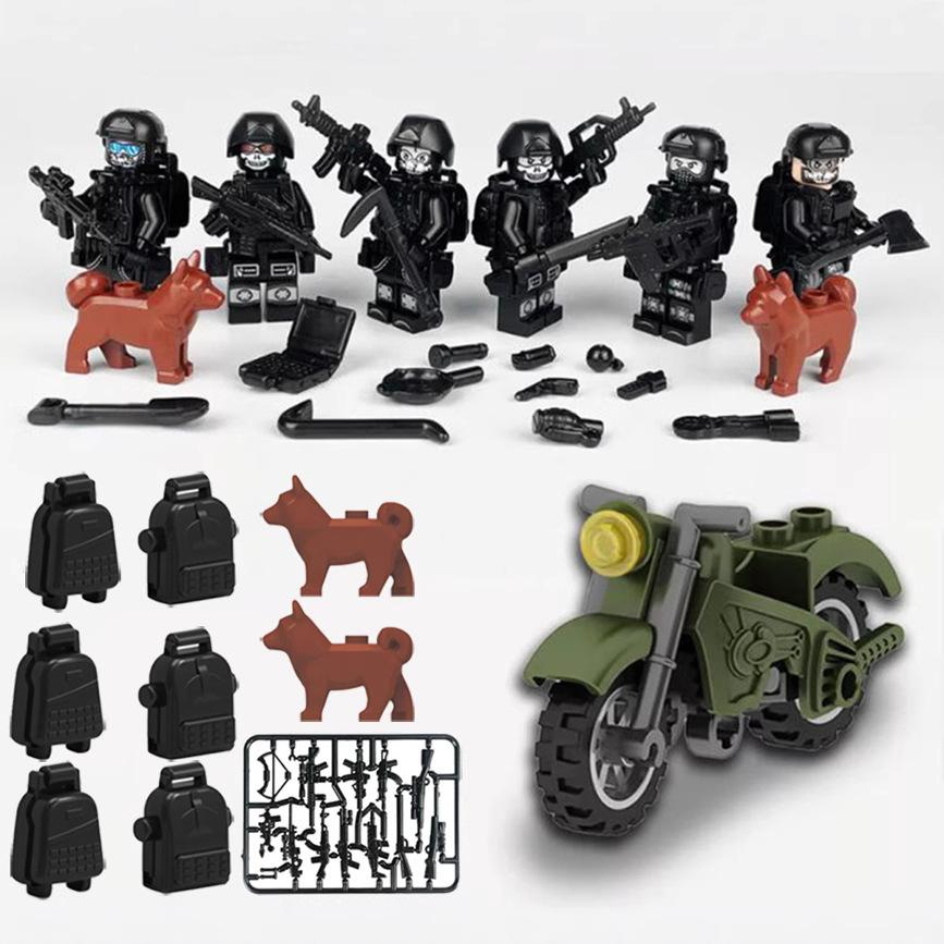 Военная фигурка из строительных блоков Черный солдат спецназа Беспорядки Вооруженный мотоцикл Игрушка 6 наборов Pyp