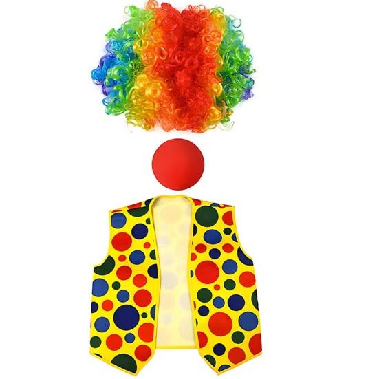 Halloween Clown Cosplay Costume Kit Wig Red Nose Gloves Vest Tie Shoe Men Women Adults Party Stage Performance Clown Dress-up Prop Clothes Accessories