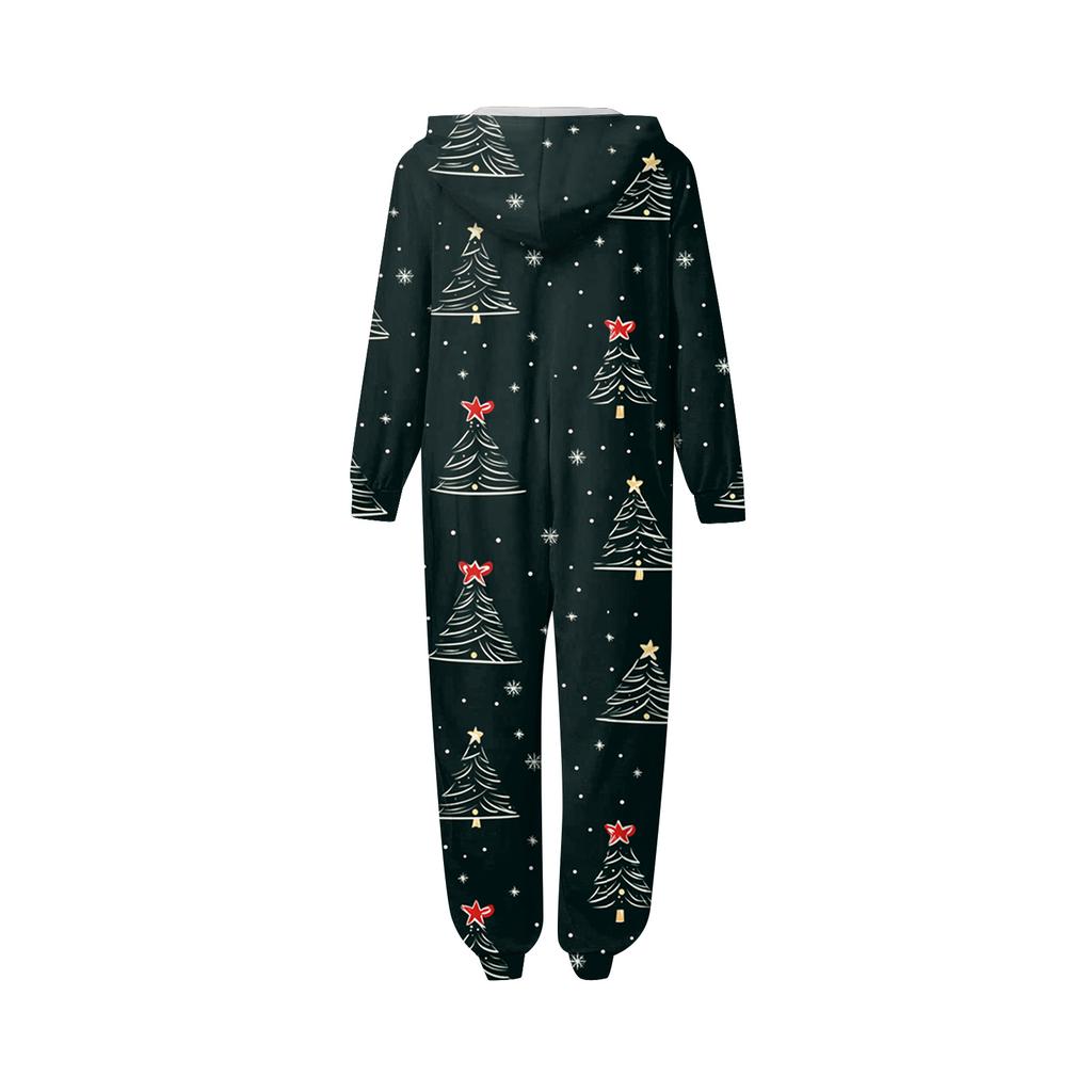 Christmas Print Family Matching Hooded Long Sleeved Zippered Jumpsuit Set