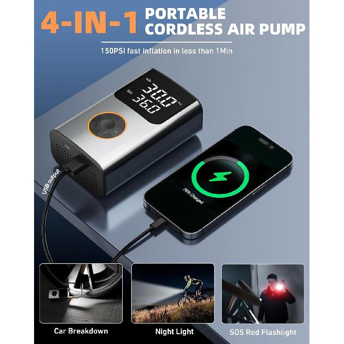 Tire Inflator Portable Air Compressor, Bike Pump, 150PSI Air Pump for Car Tires with LCD Dual Screen and Digital Tire Pressure Gauge, Air Compressor