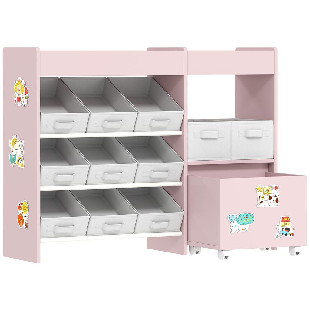 Kids Toy Storage Unit with 11 Bins, Cabinet, Top Shelves, 3 Stickers, for Nursery, Playroom, Pink