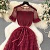 Nomikuma French Women Sweet Mesh Cake Dress Tie Up Waist Slimming Mid Length Elegant Long Cake Dresses 2024 Summer New Vestidos