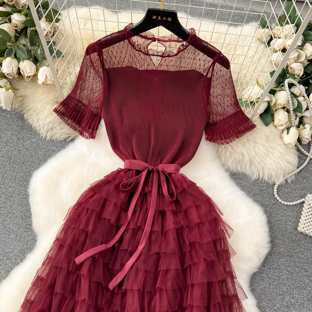 Nomikuma French Women Sweet Mesh Cake Dress Tie Up Waist Slimming Mid Length Elegant Long Cake Dresses 2024 Summer New Vestidos