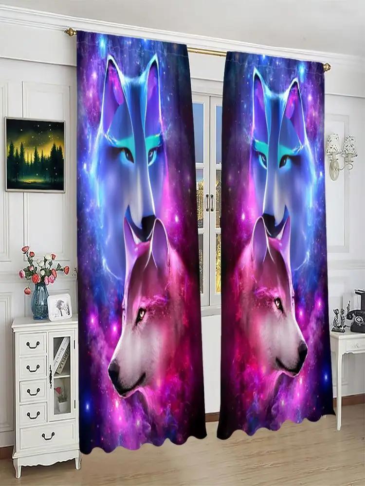 Set Of 2 Flat Curtains Polyester Material Double Wolf Print Art Design Pole Bag Bedroom Home Decoration Curtain Perfect For Sleeping Area