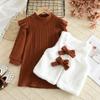 2025 Autumn/Winter Girls' Ribbed High-Neck Dress & Plush Vest Set