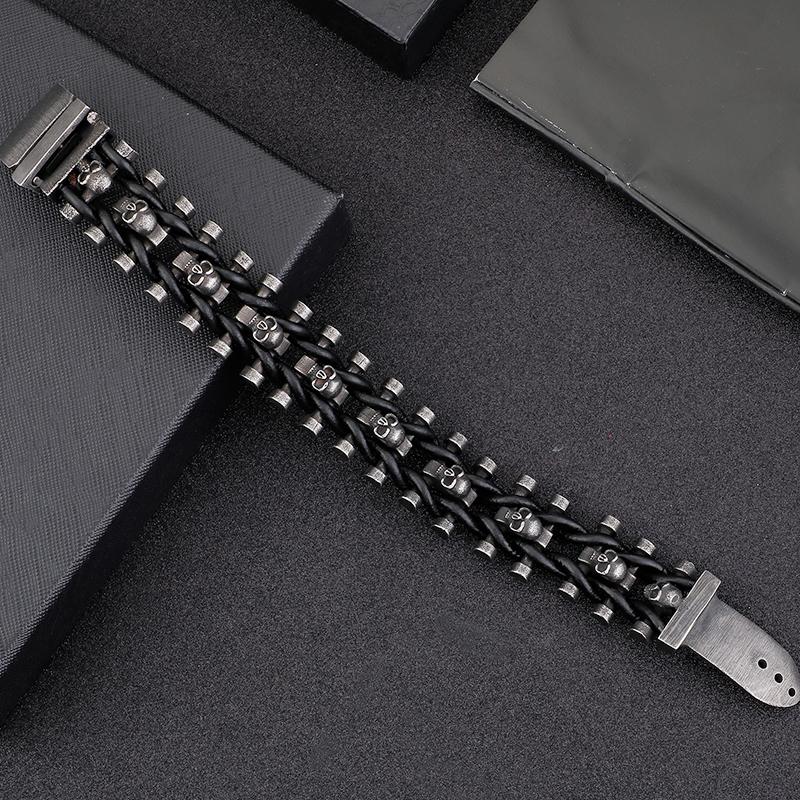 Мужской винтажный браслет премиум-класса в стиле панк из нержавеющей стали с байкерским черепом, плетеный кожаный браслет ручной работы, готические мужские украшения