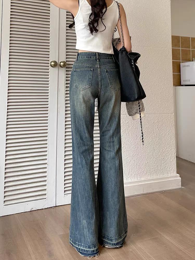 Korean Fashion Slim Casual Vintage Blue Women‘s Jeans Winter American Style Chic Office Ladies Pockets Basic Female Flare Pants