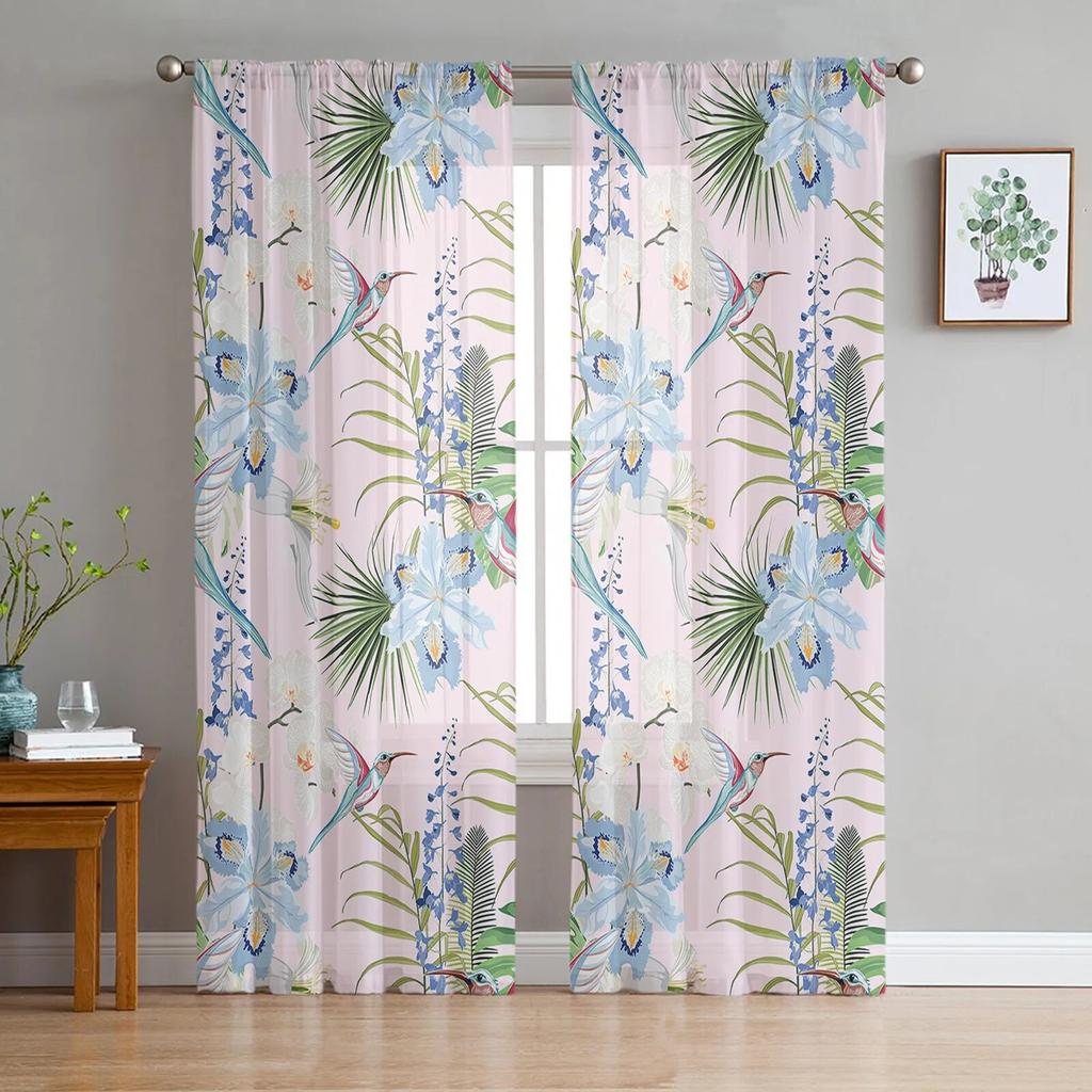 Flowers Bird Leaves Conifers Retro Bedroom Transparent Sheer Curtains Holiday Decoration Window Voile Tulle Curtain