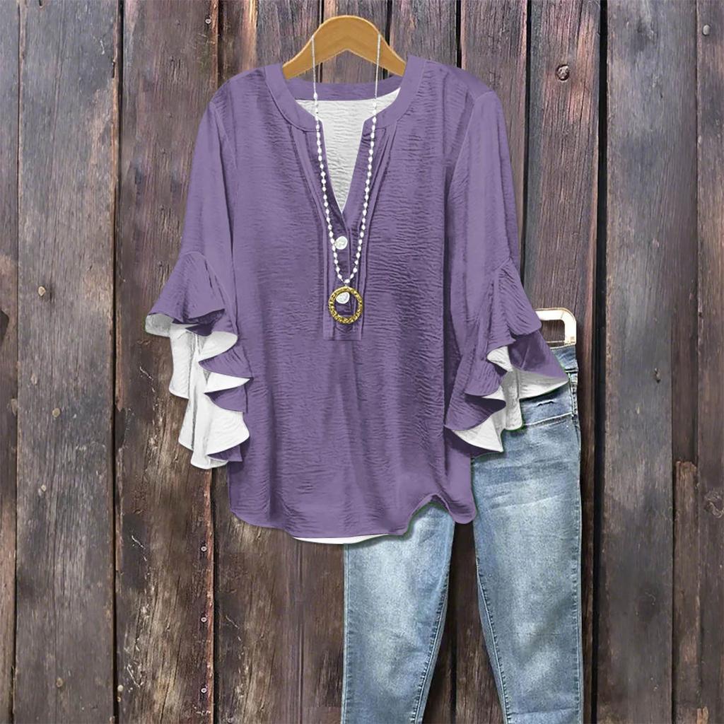 Women's Fashion Casual Button V-Neck Seven Sleeve Vintage Solid Color Shirt Top