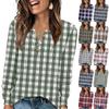 Women's Fashion V-Neck Button-Up T-Shirt With Check Print Long Sleeves