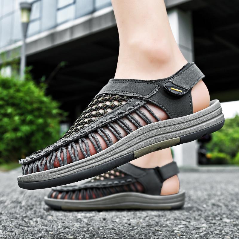 Мужские походные сандалии ручной работы, летние черные римские сандалии, широкие пляжные туфли для воды, большие размеры