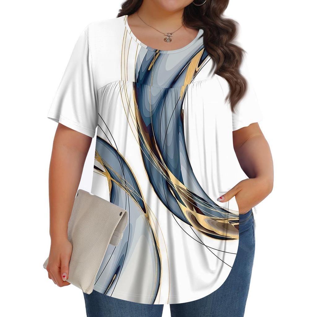 Women's Fashion Casual Print Round Neck Short Sleeve Top Womens Plus Size Tops