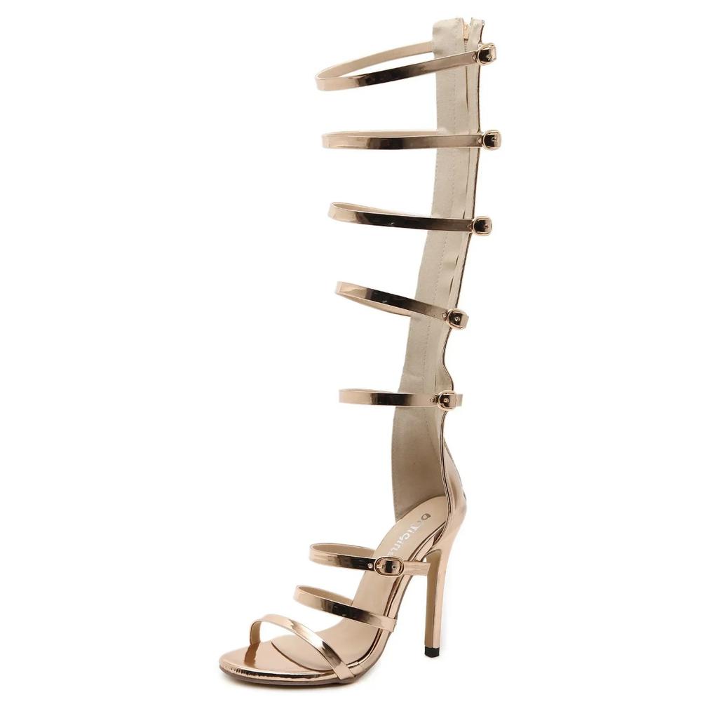 Sexy Peep Toe Narrow Band Hollow Buckle Keen-high Rear Zipp Party Shoes Golden Gladiator Thin High-heeled Sandals