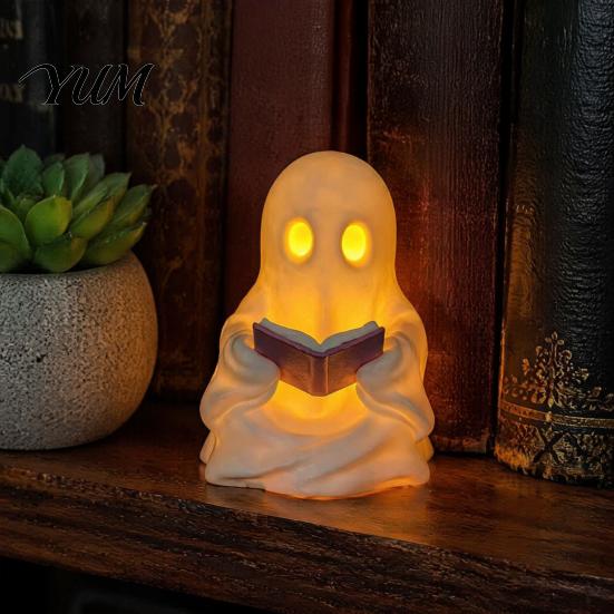 Kawaii Ghost Statue Cute Reading Book Lamp, Lighted Figurine with Warm LED Bedroom Bedside Lamp Light, Halloween Night Light for Mantel Shelf