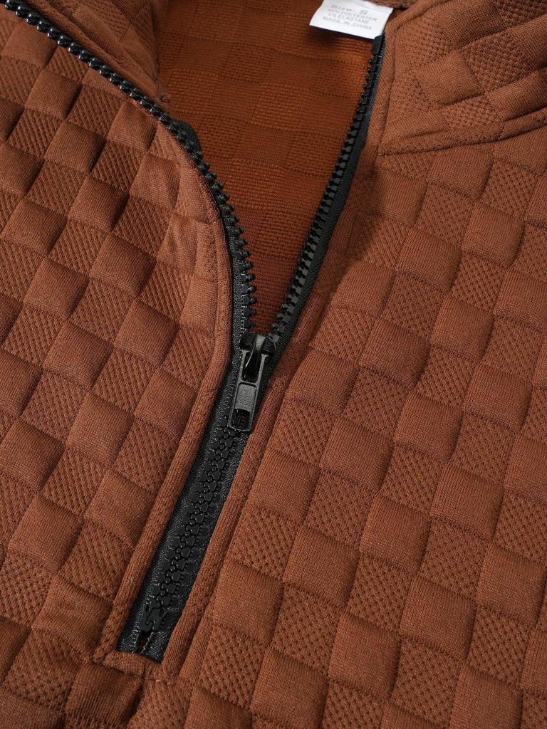 Европейский и американский мужской стеганый вязаный пуловер: Повседневная худи на молнии с воротником-стойкой, вафельной клеткой и жаккардовым узором