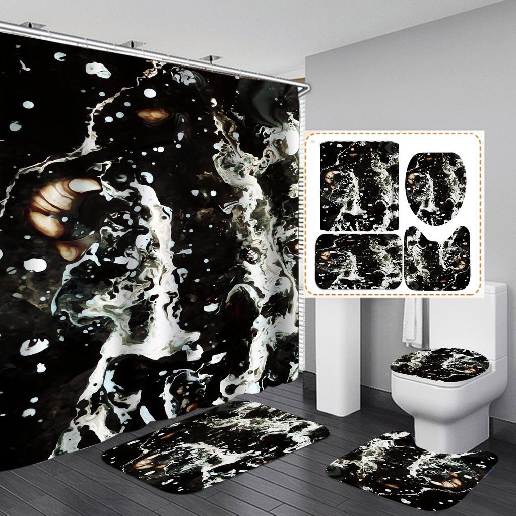 4Pcs Luxury Marble Shower Curtain Sets Bathroom Decor Sets with 12 Hooks Bath Mat Toilet Lid Rug and Non-Slip U Shape Mat