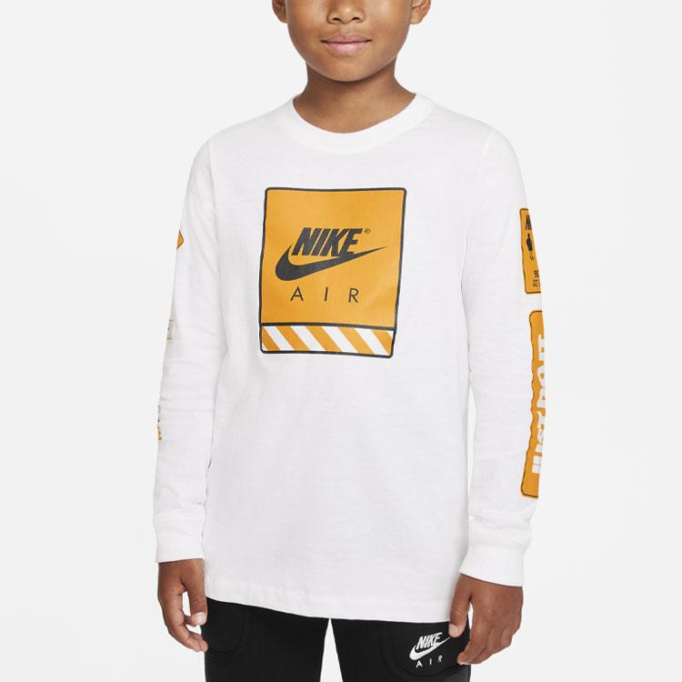 Nike Logo Print Round Neck Long Sleeve T-Shirt Kids Tops White DJ6649-100