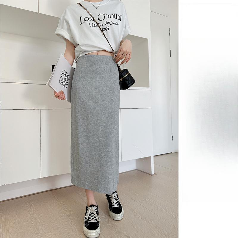 Юбка с разрезом на бедре Женская Весна и Лето Новая Драпирующаяся и Тонкая А-силуэта Юбка Высокая Талия Прямой Крой Средней и Длинной Длины